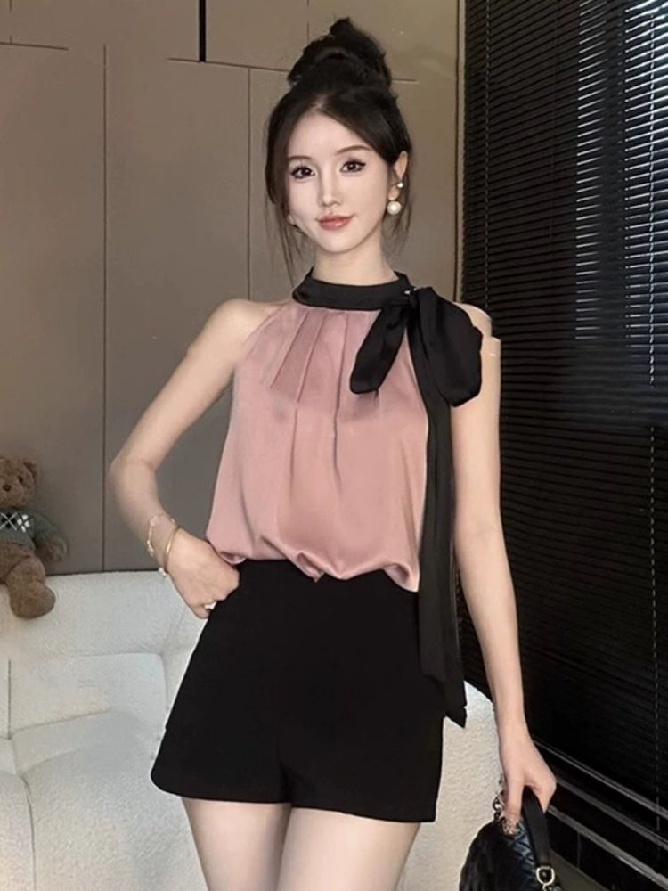 European halterneck lace-up sleeveless chiffon shirt women's 2025 new summer T-shirt foreign chic top