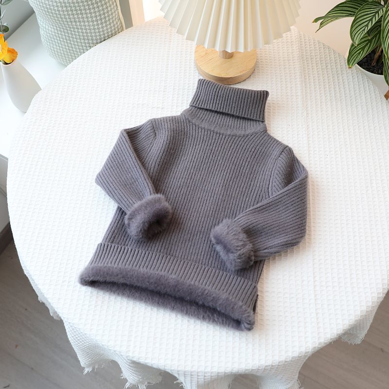Picture of [in stock boys' one-piece velvet sweater children's semi-turtleneck sweater girls white fleece-lined thickened wool low