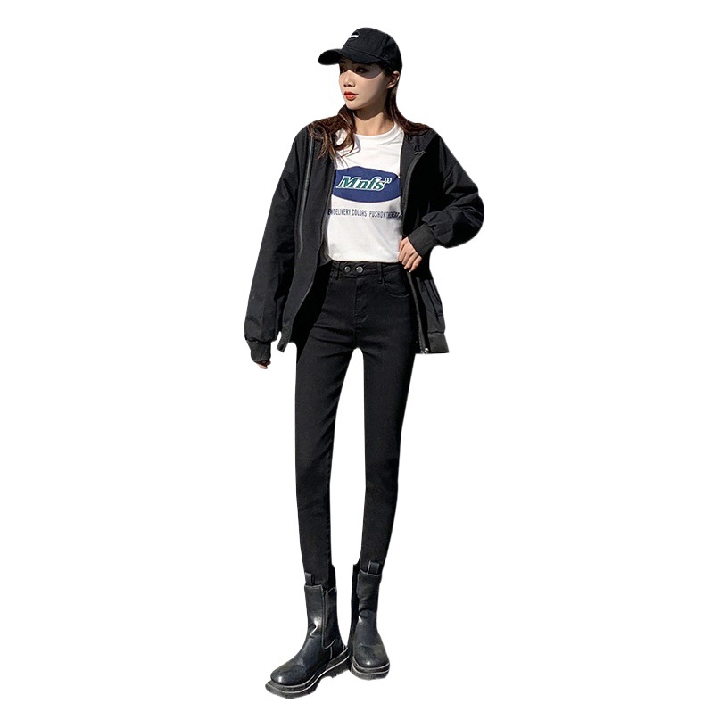 Dark Cropped Jeans Women's Super High Waist 2023 New Spring and Summer Slim High Stretch Double Buckle Pants