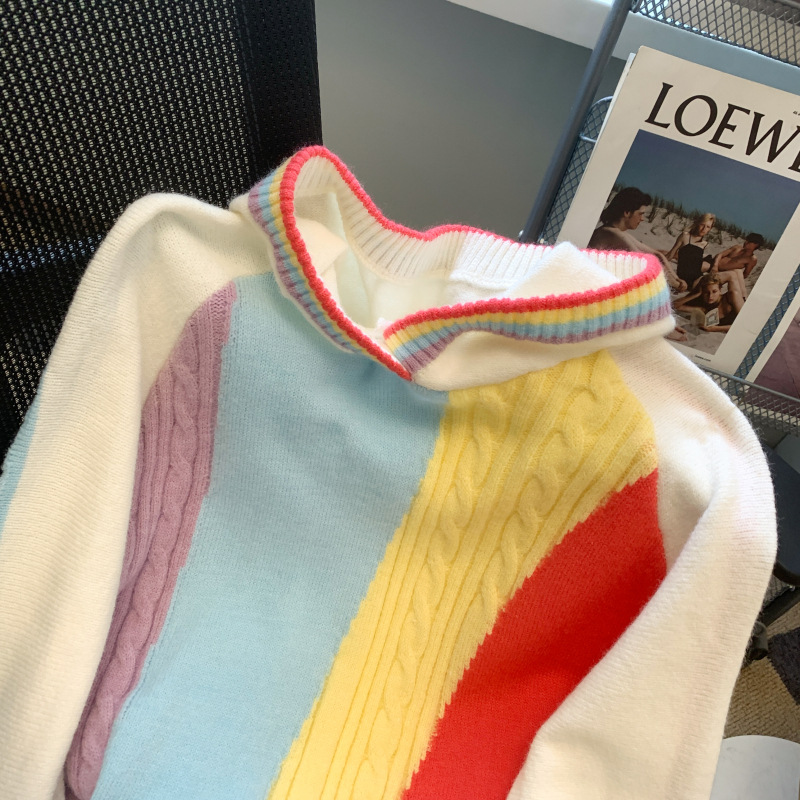 Picture of Niche Design Rainbow Stripesd Hooded Sweater for Women Thickeneded Autumn and Winter High Waist Loose Short Top Trendy Ins