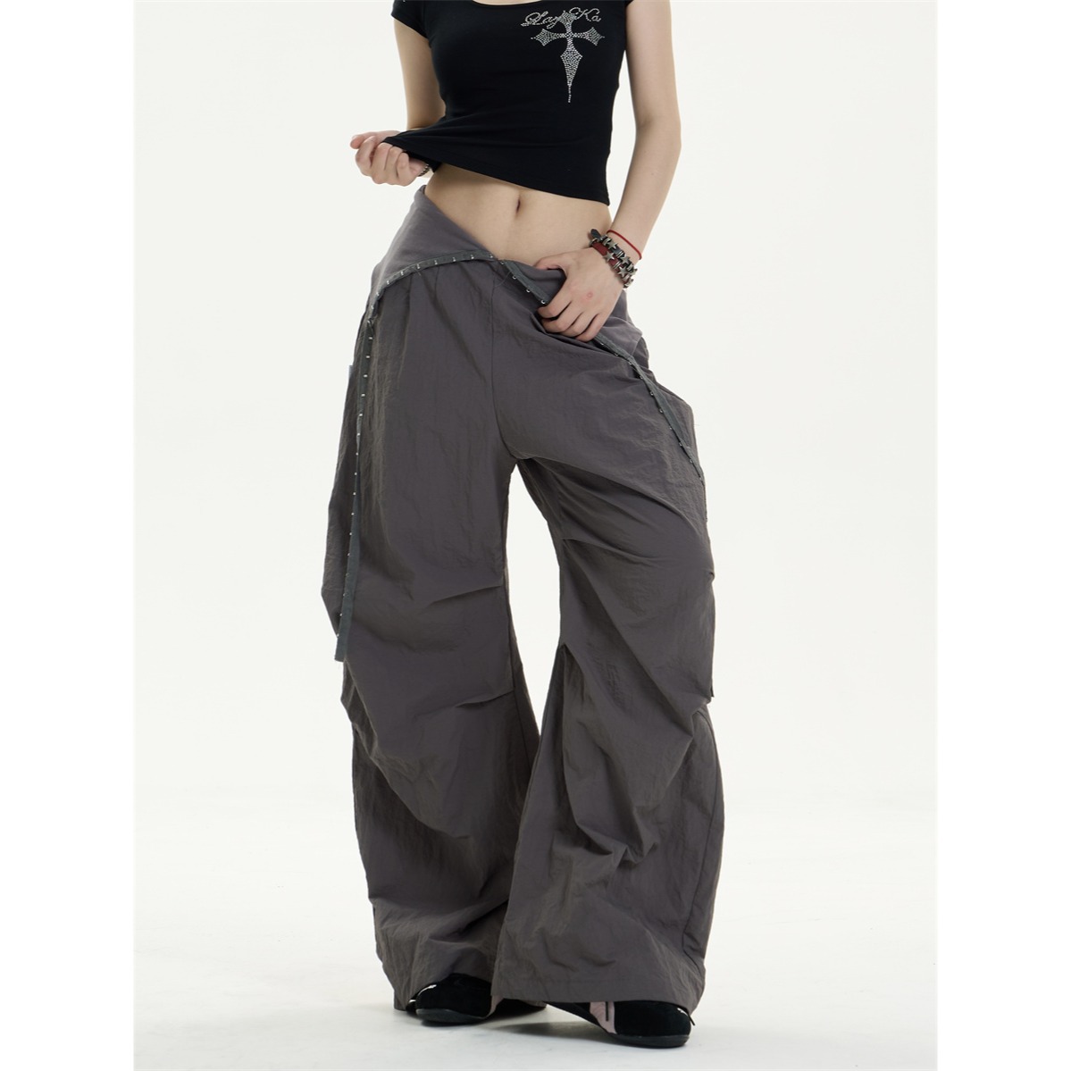Autumn 2025 new products: cranked splicing wide pants, hot girl style, street trend, casual, lazy style, loose high-waisted trousers, women