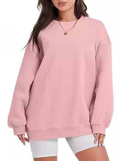 Cross-border Amazon 2024 European and American Women's Long-sleeved Casual Solid Color Pullover Top Loose Round Neck Sweat for Autumn and Winter