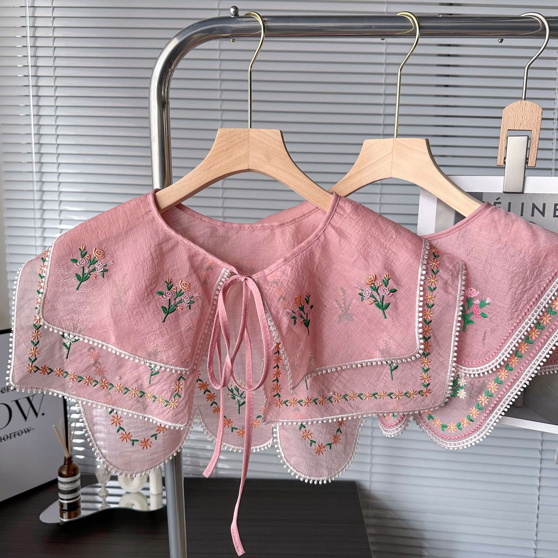 Picture of New Double-Layer Exquisite Pink Embroidery Buttoned Colorful Small Flower Pastoral Style Shawl Bilateral Wave Style Wholesale