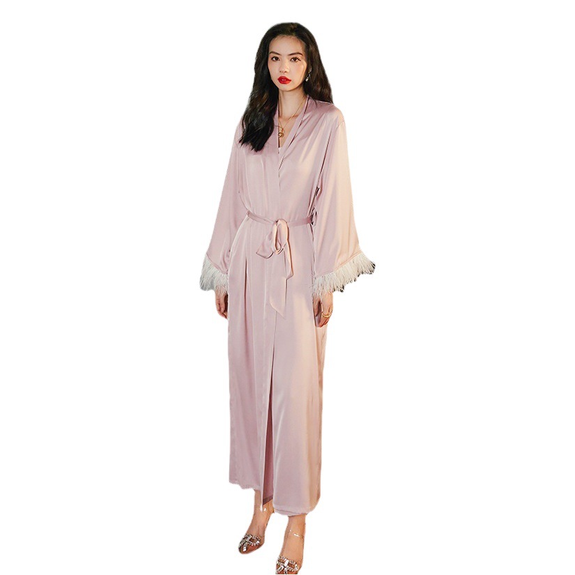 Yaoting Ice Silk Pajamas Women's Summer Long Sleeve Satin Feather Nightgown Sling Trousers Home Suit 2658 2659