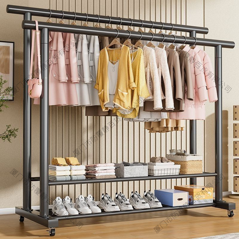 Picture of Clothes Rack, Extra Thick Floor-Standing Vertical Household Bedroom Clothes Rack, Simple Double-Row Clothes Rod with Wheels
