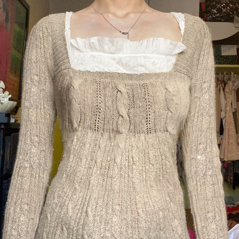 Picture of Women's sweater 2022 spring cross-border new retro low-cut square collar twist khaki woolen top