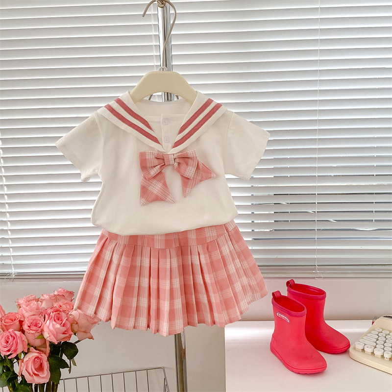 Picture of JK style Korean College pleated skirt woven children's clothing summer children's baby girl 2024 new online celebrity two-piece set suit