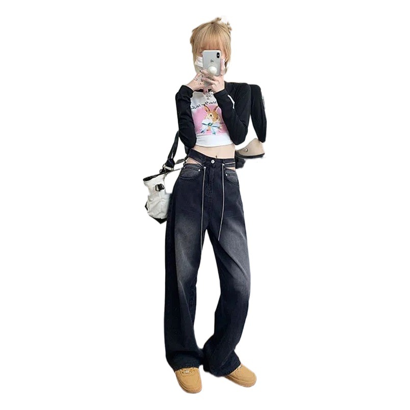 Wide Leg Jeans Women's Petit Spring and Autumn New Hot Girl High Waist Design Sense Slimming All-match Trendy Floor-mopping Pants