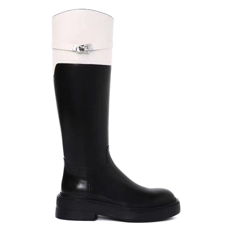 Thick-Soled Lock Buckle Knee-High Boots 2023 Autumn and Winter New Round-Toe Color-Block High-Tube Riding Boots for Women