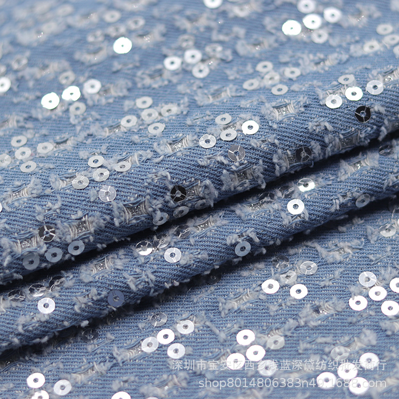 Embroidered Sequins Elasticless Cotton Embroidered Wash Denim Jacket Jeans Fabric