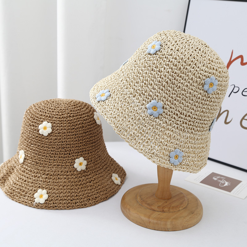 Sweet and Cute Blue Flower Straw Hat for Women with Large Brim Seaside Sunshade Summer Beach Sun Protection Small Fresh Fisherman Hat Trendy