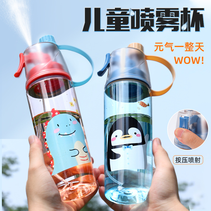 Sports Water Cup Wholesale Summer Outdoor High-Looking Cooling Cup with Spray Cup Children's Cartoon Portable Plastic Water Bottle