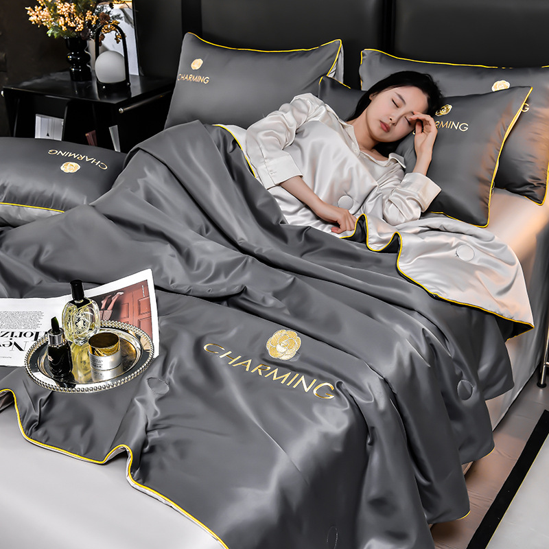 Picture of Class A Washed Ice Silk Summer Quilt Four-piece Set Summer Cool Quilt Nude Sleeping Embroidered Air-conditioning Quilt Cool Silk Summer Thin Quilt