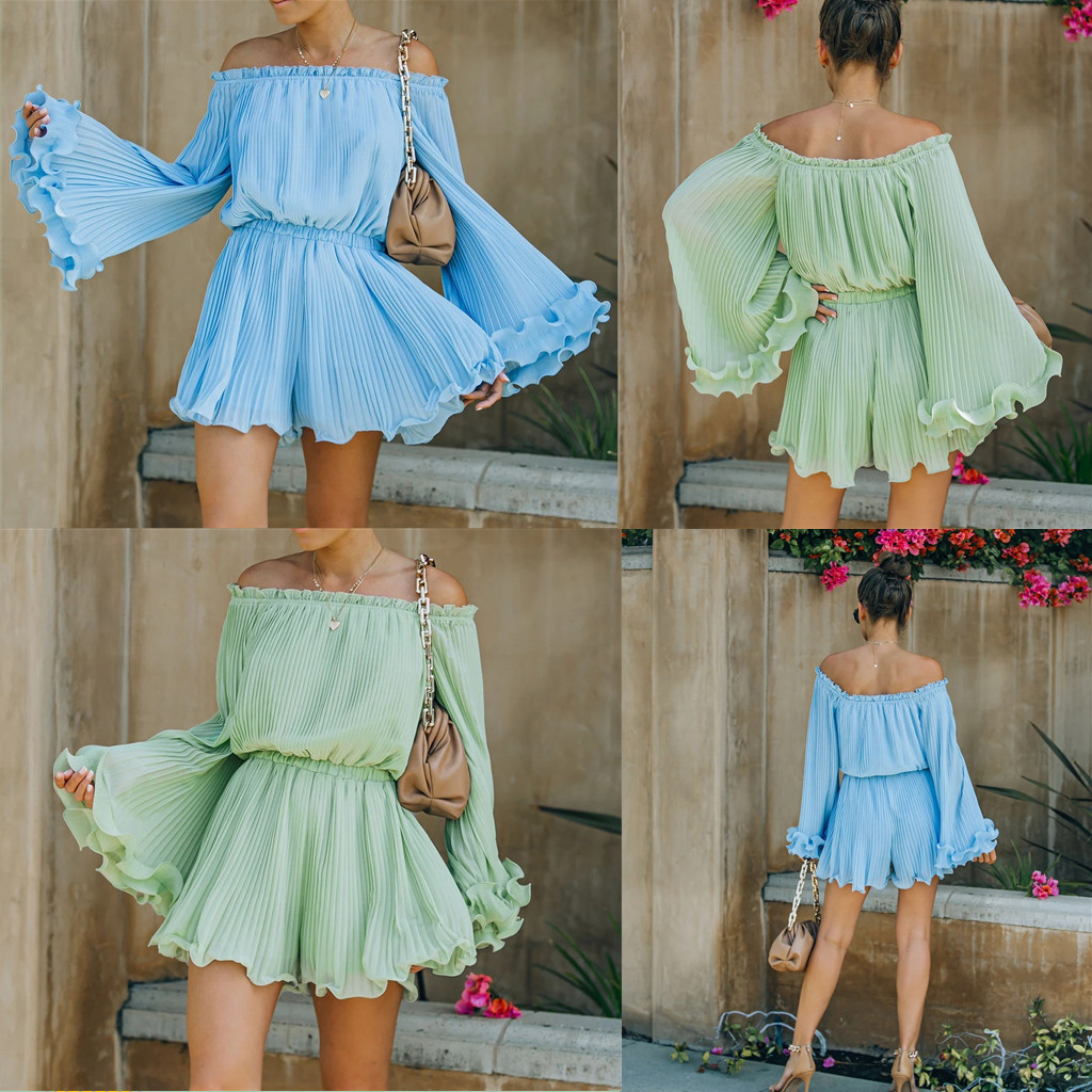 Picture of Spot! 2021 New Amazon Independent Station Summer Solid Color Ruffled Shoulder Ruffled Jumpsuit