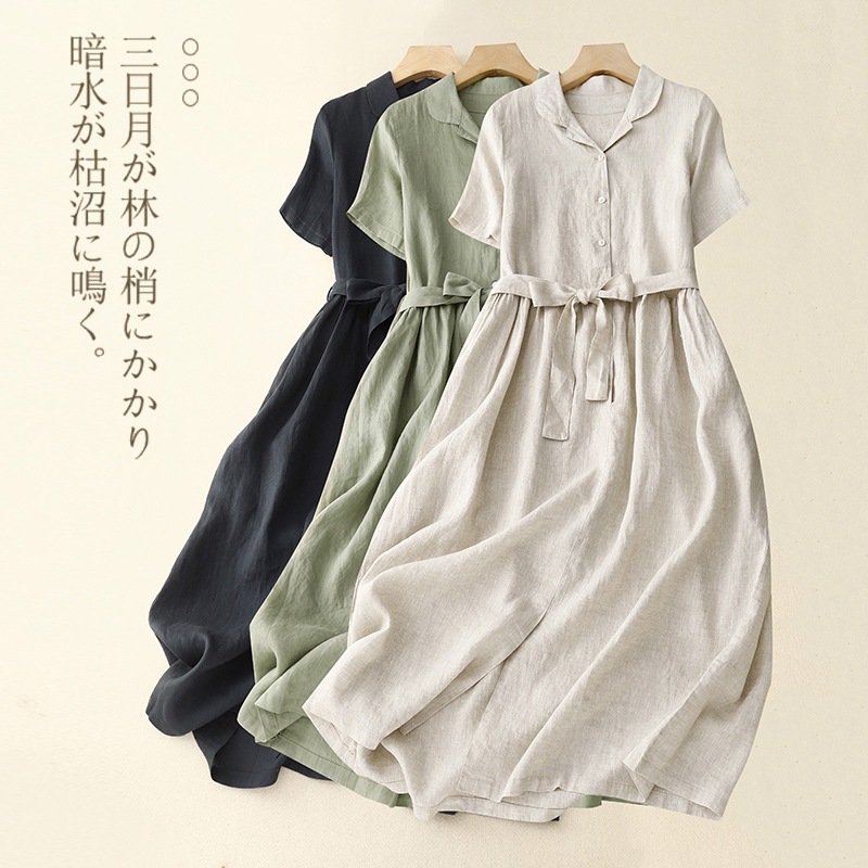 Real shot 2025 summer new literary retro cotton and linen short sleeve dress Polo collar belt large swing mid-length skirt