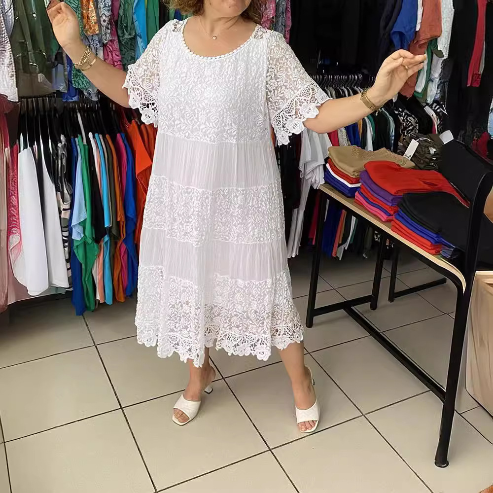 Cross-Border 2025 Summer New Amazon Independent Station European and American Round Neck Short-Sleeved Lace Skirt for Women