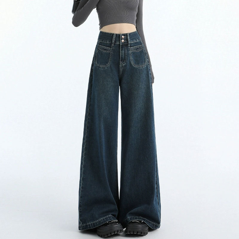 Mop Jeans Women's Leather Label Design Loose Meat Covering Double Buckle High Waist Straight Pear Shape Retro Wide Leg Long Pants