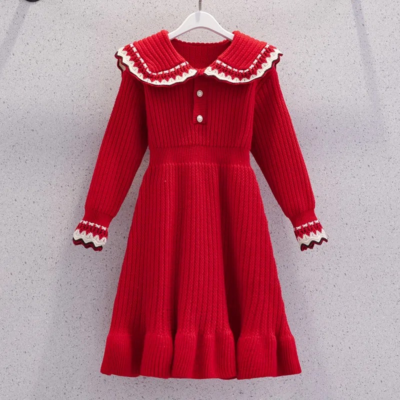 Girls' sweater dress spring and autumn children's western style knitted dress baby lapel princess dress children's autumn and winter clothing