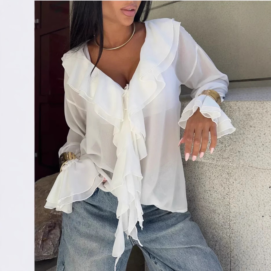 Picture of Spring European and American Style Cross-Border Women's New Fashion Ruffled Bell Sleeves V Neck Lace-Up Cross-Border Shirts for Women