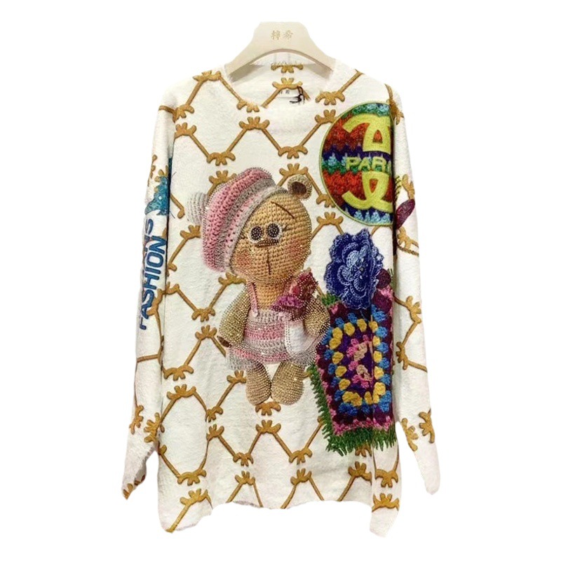 Mink velvet hooded rhinestone bear sweater women's long loose plus size 2023 spring and autumn new sweater top