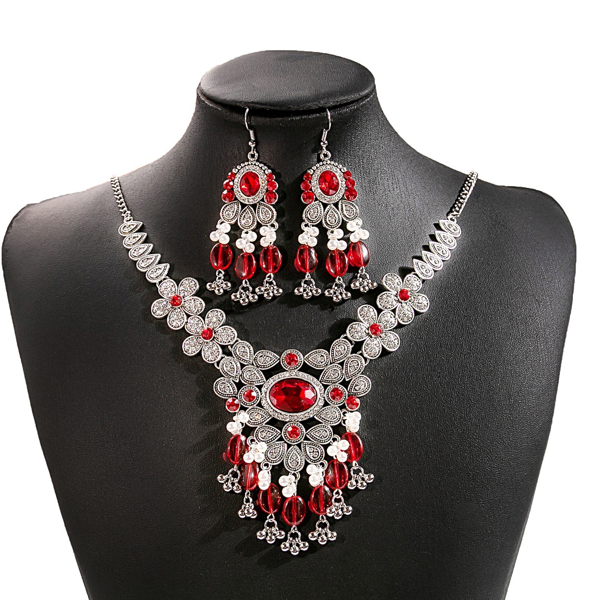 European and American Luxury Flower Jewelry suit Retro Tassel Round Gem Necklace Geometric Water Drops Square Earrings for Women