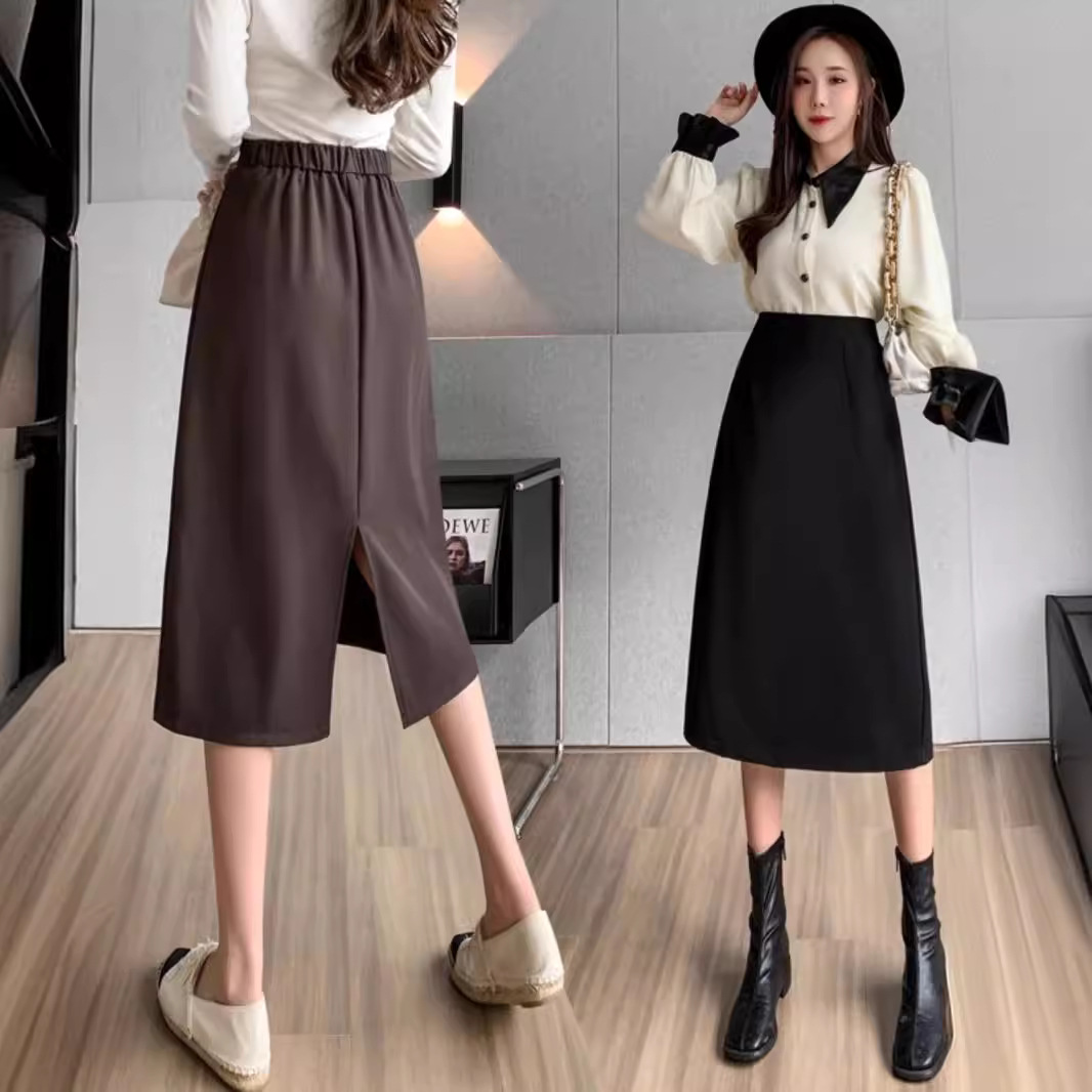 A- Line Skirt Women's Mid-Length Fashionable Rear Split Casual Skirt 2024 Summer New High Waist Slimming Dipped