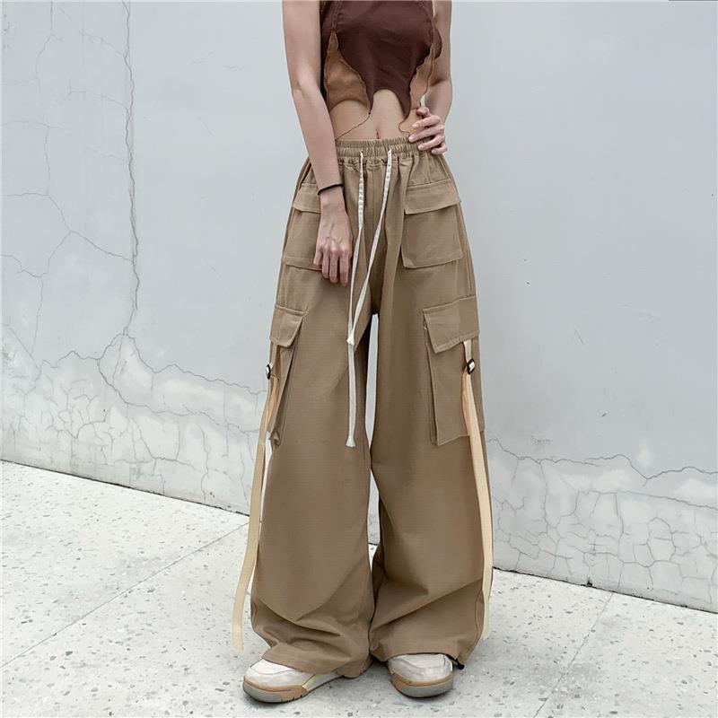 2023 American Style Retro Large Tooling Pocket Red High Waist Loose Straight Tube Elastomer Caught Pants for Men and Women Hip-Hop Trendy