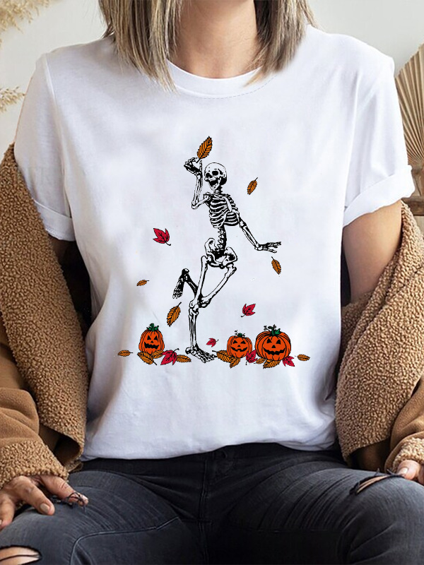 2024 New European and American Cross-border Halloween Funny Skull Pattern Printed Round Neck T-shirt in stock