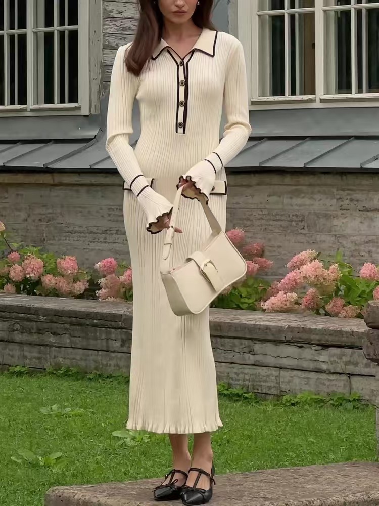Cross-border European and American Explosions Amazon European and American Long Sleeve Horn Knitted Skirt Women 2025 Autumn New Lapel dress