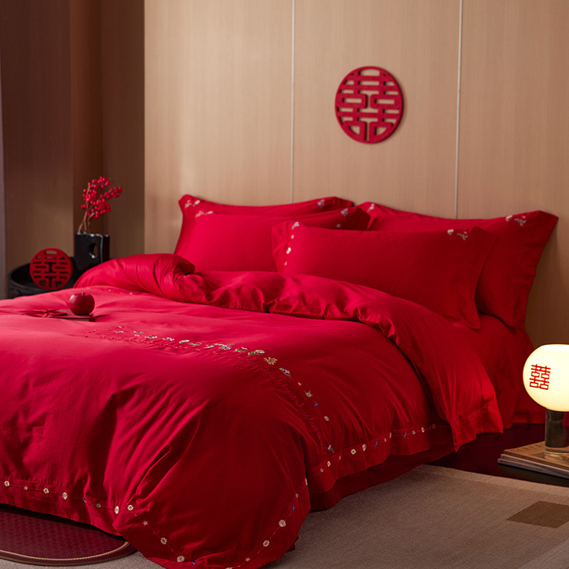 Picture of Flowers bloom and tie wedding class a 60 cotton embroidery red four-piece wedding room bed wedding cotton quilt cover