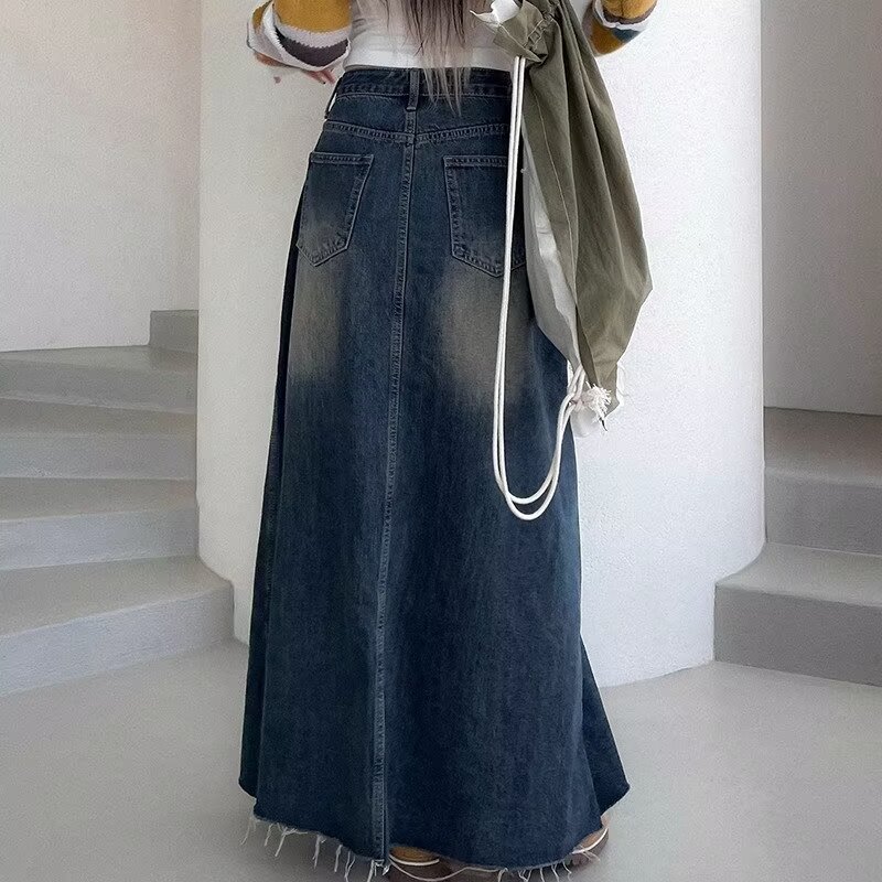 American Style Retro Antique Washed Denim Skirt High Waist Slimming A- Line Skirt Covering Elegant Long Skirt Ins Summer