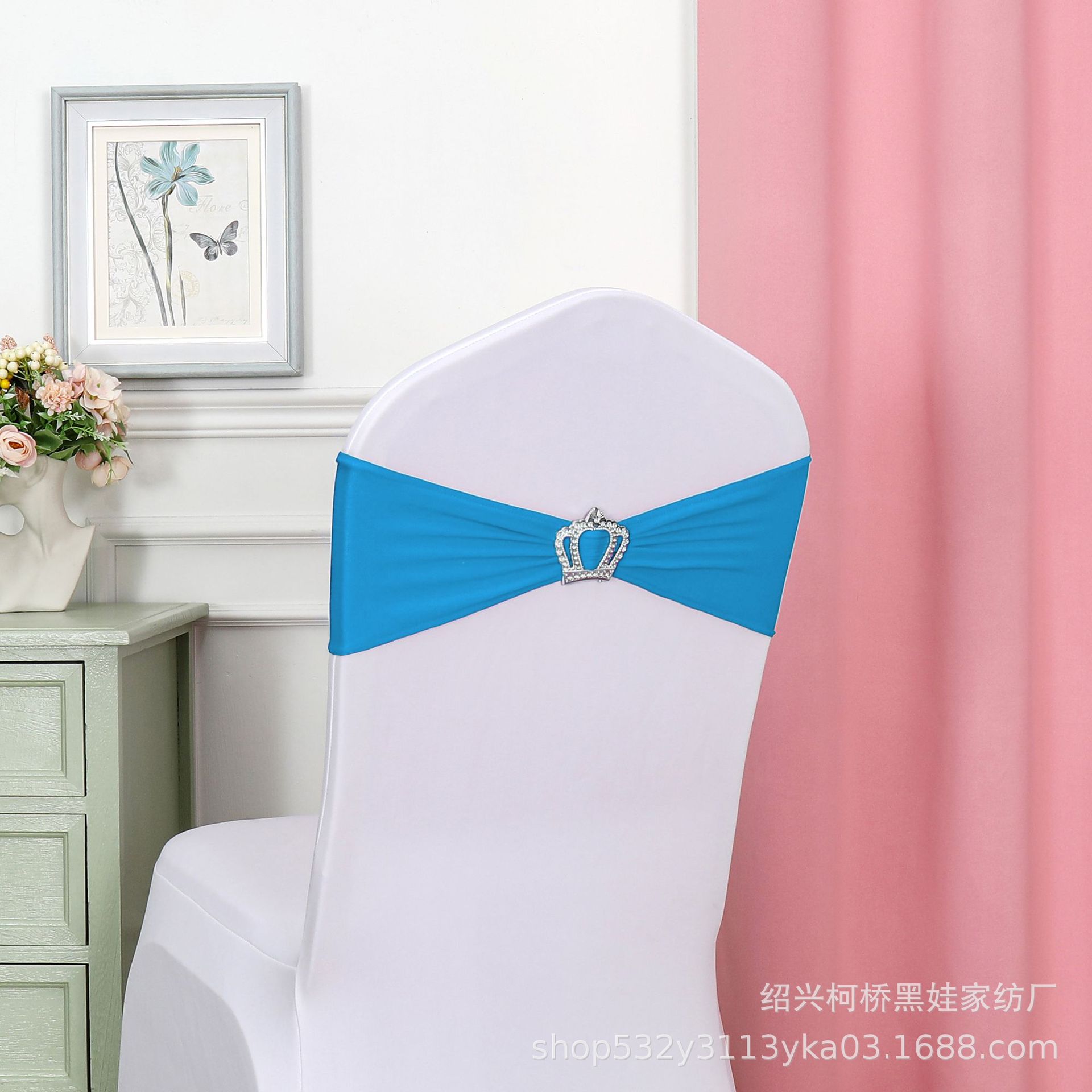 Picture of Chair Back Flower Bow Crown Diamond Buckle Elastic Banquet Chair Set Decoration Free Wedding Strap Ribbon Wedding Ribbon