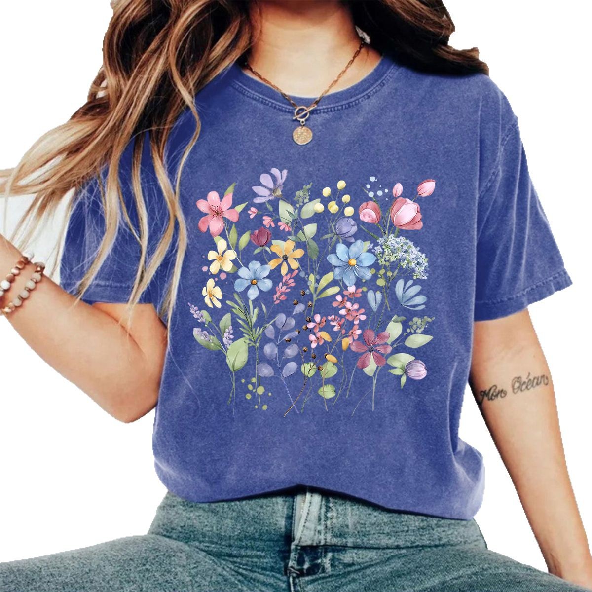 Picture of European and American Casual T-Shirt Pure Cotton Washed Old Floral Cross-Border Round Neck Short-Sleeved Ready-Made Tops for Women Export Orders