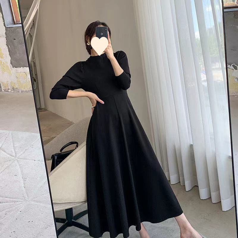 Black dress Round Neck Long Sleeve Korean Style Autumn 2025 New Sexy Elegant Tight Waist Slim Long Dress