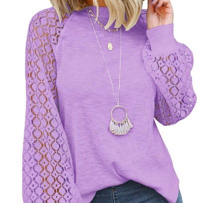 Picture of 2025 New Women's Clothing Amazon Cross-Border Round Neck Long Sleeve Lace Patchwork Loose Top for Women