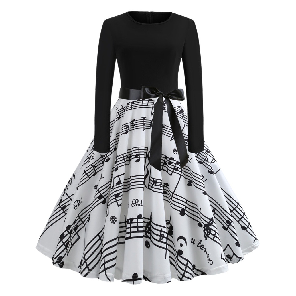 New retro dress long sleeve round neck sexy digital printing dress a generation of large quantity discount