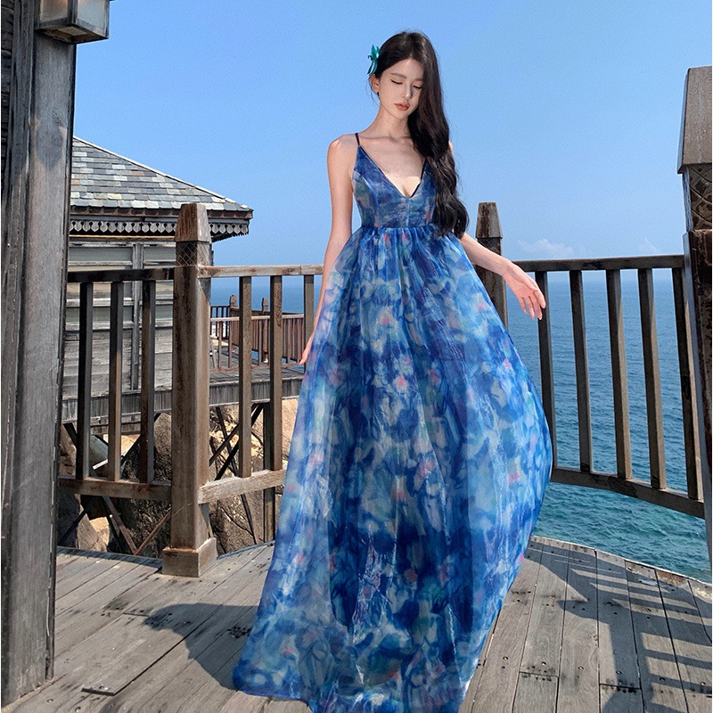 French Style Pure Floral Sling Dress Women's Summer Platycodon Dress Long Dress Seaside Holiday Beach Dress Fairy Dress