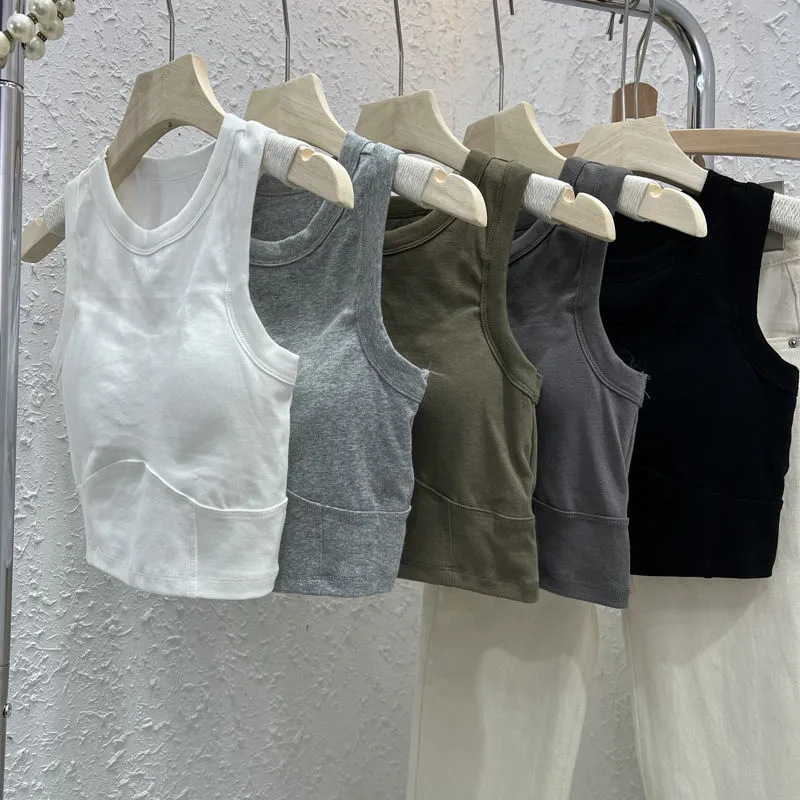 Sleeveless Round Neck Cotton Vest Women's Sports Base Top with Chest Pad