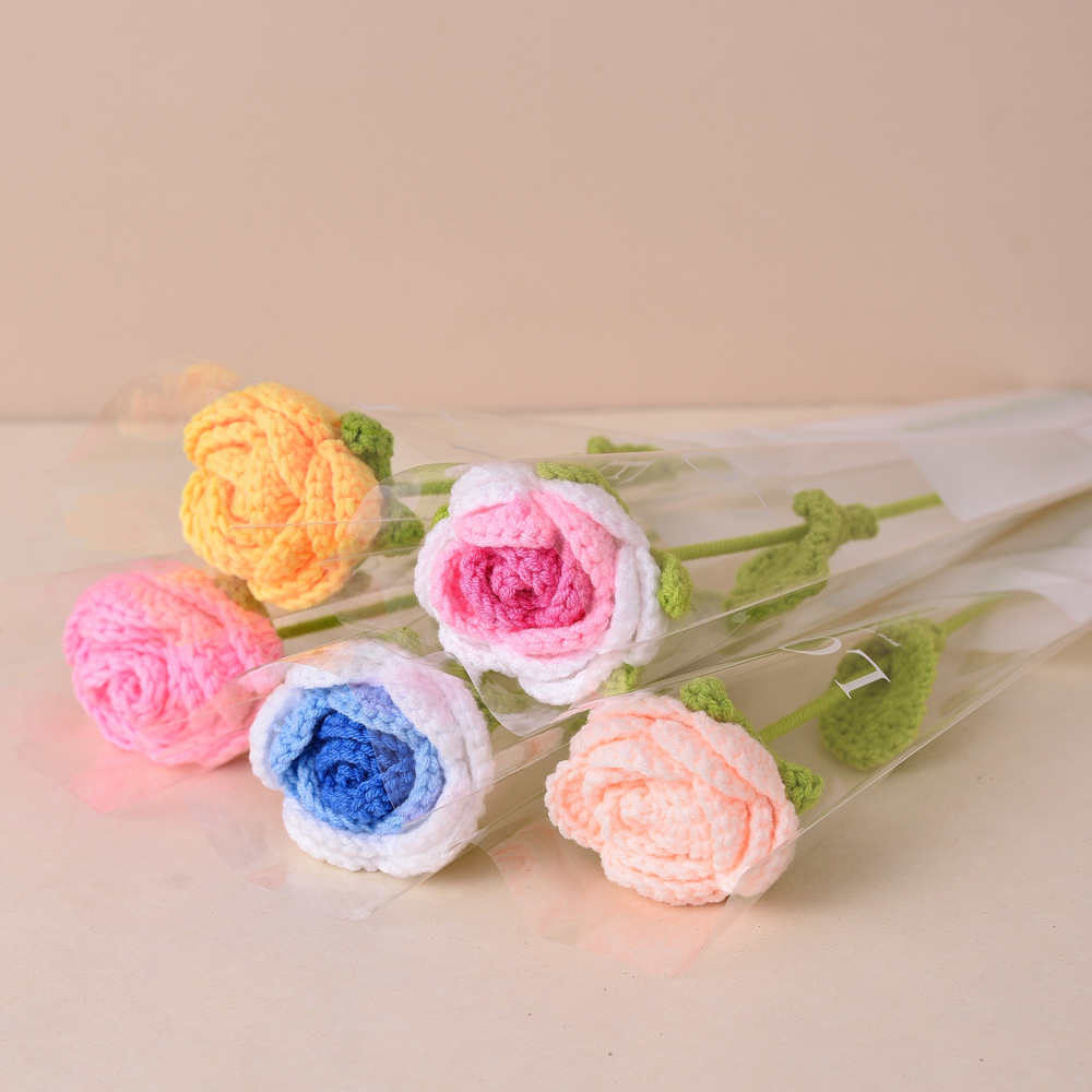 Picture of Finished Hand-Knitted Rose Artificial Flower Knitting Flower Handmade Flower DIY Wool Knitting Homemade Crochet Bouquet