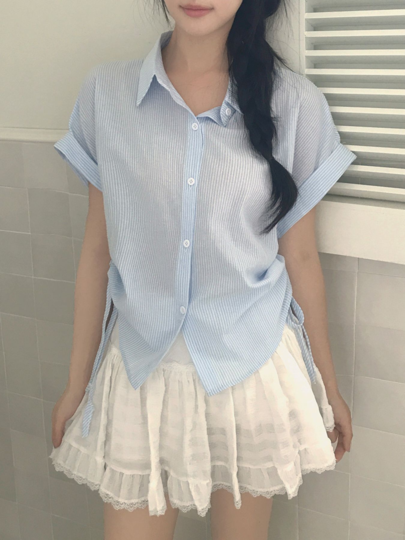 Picture of Chic French Plaid Drawstring Shirt for Women - Slim Fit Waist, Casual Short Sleeve Shirt with Collar