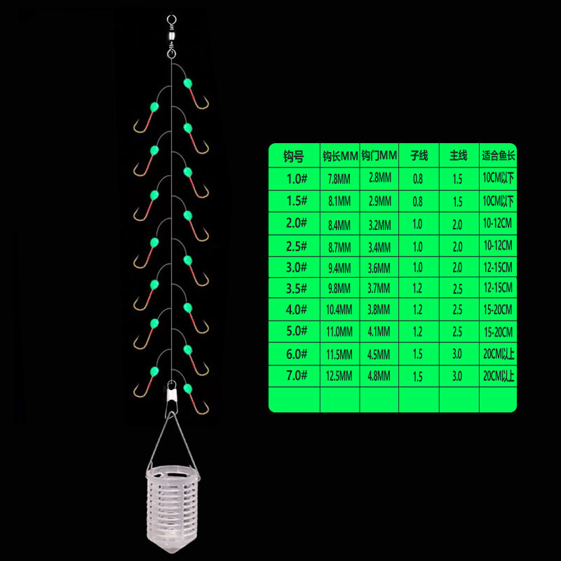 Picture of White gold hook with bait cage string 7 15 white hook green bead luminous hook string hook fishing gear wholesale