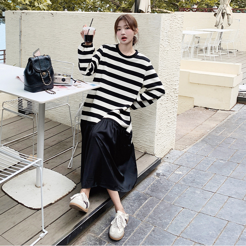 Picture of Pregnant women's clothing 2024 autumn new chubby girl loose long sleeve striped stitching sweater skirt women's long dress tide