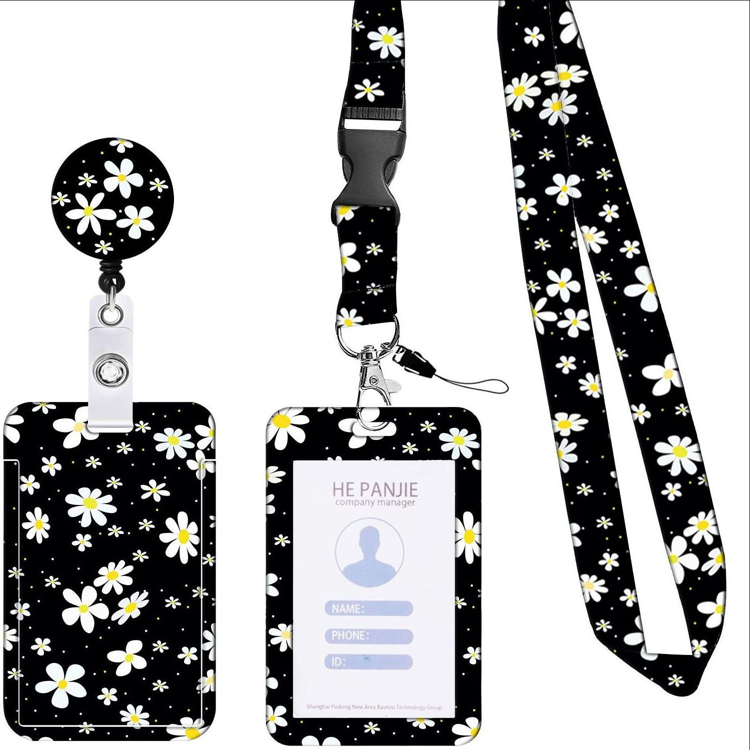 Picture of Retractable easy-pull buckle Badge clip small floral pattern ID card holder ID lanyard easy-pull telescopic buckle