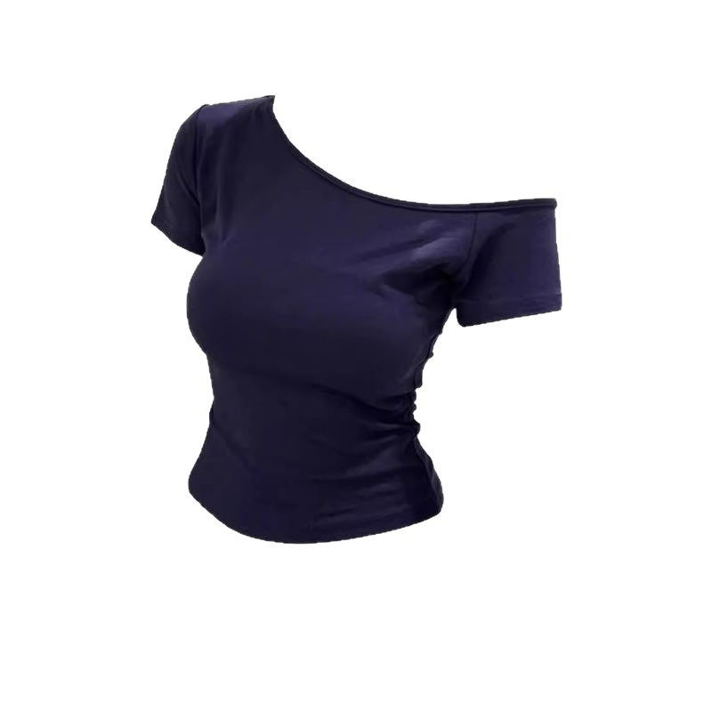 Picture of Ribbed American Letter Slant Collar Off-Shoulder Pure Desire Short T-Shirt Summer Sexy Waist Slimming Short-Sleeved Top for Women