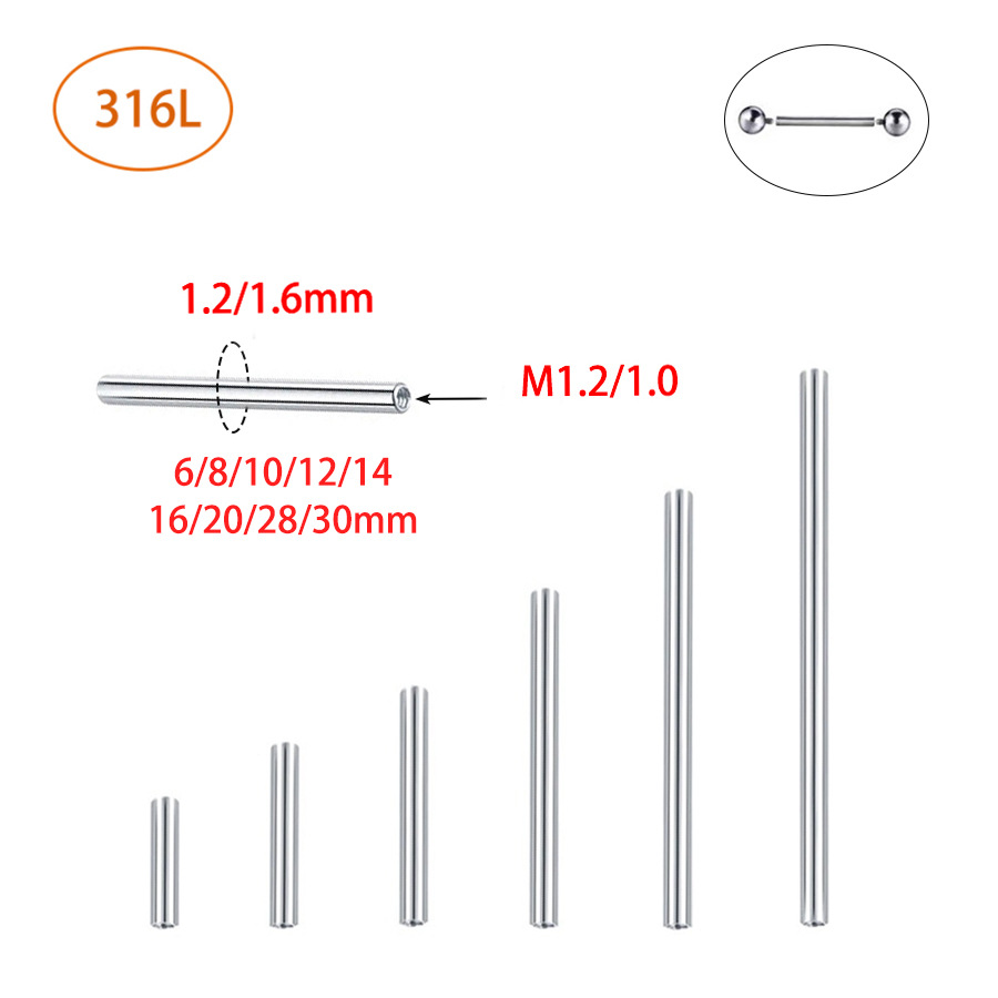 316L Stainless Steel Inner Teeth Straight Rod 1.2/1.6mm Thick Human Puncture Jewelry Ear Bridge Tongue Nail Ear Bone Nail Accessories