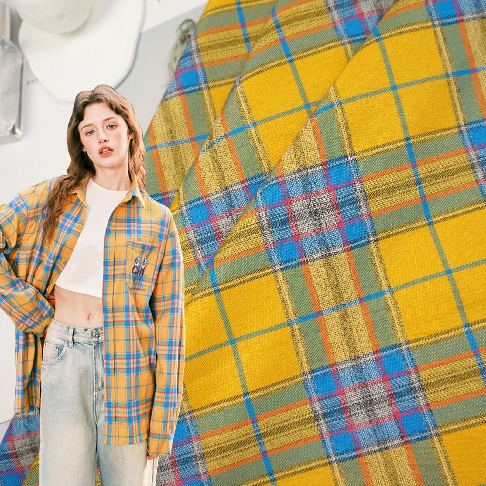 New Explosion Sling Plaid Fabric Polyester Twill Yarn-dyed Shirt Plaid Pleated Skirt Skirt Fashion Fabric