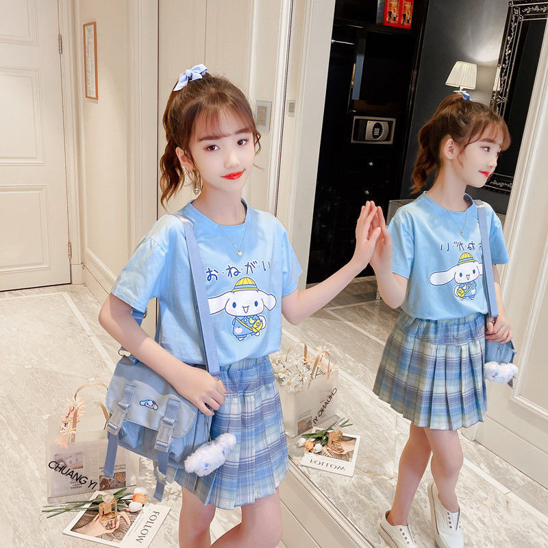 Internet Celebrity Girls Korean Style Cute Skirt Set Children's 2024 Summer New Arrival Cartoon Top Pleated Skirt Two-Piece Trendy