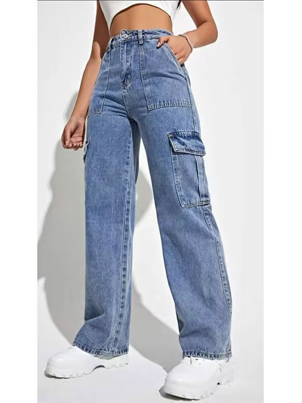 Foreign Trade Work Jeans for Women 2024 Spring & Fall New Amazon Ebay Hot Selling Multi-Flap Pocket Pants Wide-Leg Casual Pants