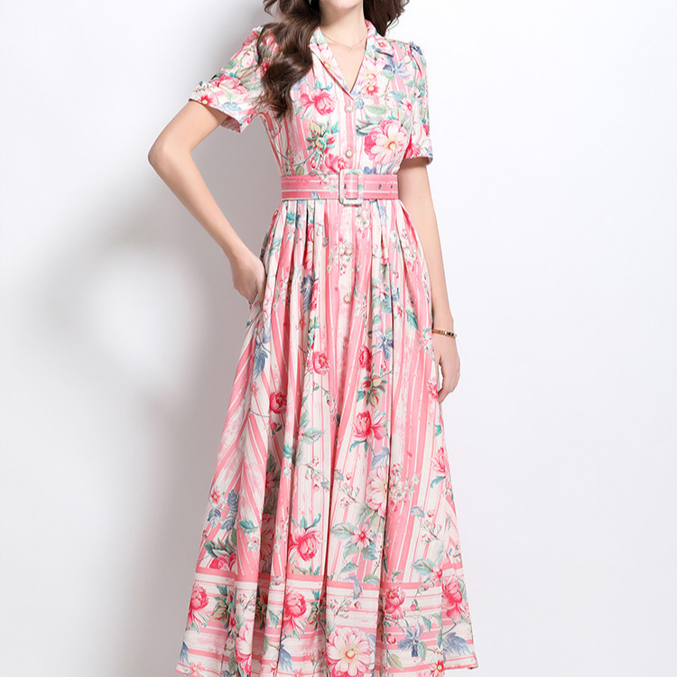 European and American socialites high-end women's dress 2025 spring new vintage lapel short sleeve waist printed long skirt