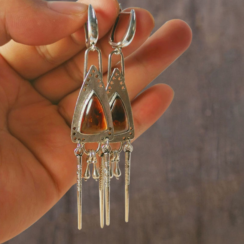Retro Tribal Triangle Amber Earrings Geometric Jewelry Ancient Silver Metal Tassel Handmade Earrings European and American